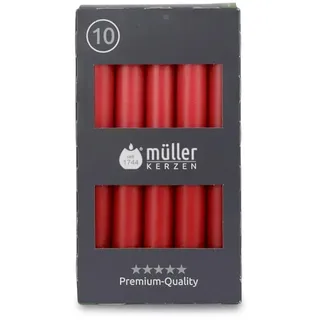 Müller Kerzen - Stabkerzen Rot - 10er Set Tafelkerzen - 6 Stunden Brenndauer - 20 × 175 mm - Tropfarm, Raucharm, Duftfrei - Leuchterkerzen für Kerzenhalter & Tischdekoration - RAL-zertifiziert