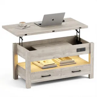 COLAMY 101,6 cm Smart Lift-Top Couchtisch für Wohnzimmer, 4-in-1 multifunktionaler moderner Couchtisch mit Aufbewahrungsschubladen, LED-Licht und Ladestation, Landhaus-Holz-Couchtisch, Taupe