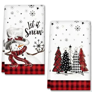 Red Black Buffalo Plaid Schneemann Weihnachtsbäume Geschirrtücher Weihnachten Küchenhandtücher Geschirrtücher Baumwolle, 18 x 26 Inch Saisonale Trockentuch - strapazierfähig, saugkräftig, 2er Set (A)