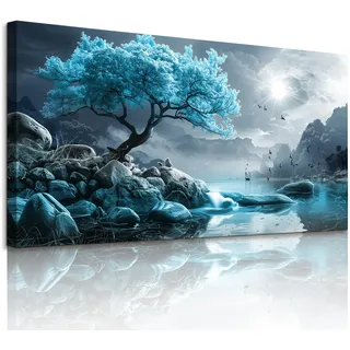 JHHUAMO Leinwandbild Groß 73x146 cm XXL, Dekorative Malerei für das Wohnzimmer mit Blauem Baumblick, Wanddeko Schlafzimmer Gemälde Desktop Badezimmer Büro Zimmer Esszimmer