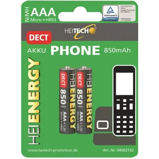 HEITECH PROMOTION GMBH HEITECH vorgeladener 2er Pack NIMH-Akku Micro/AAA/HR 03 850 mAh 1,2V NiMH - für DECT Schnurlostelefon mit geringer Selbstentladung - Akkus für Geräte mit hohem Stromverbrauch