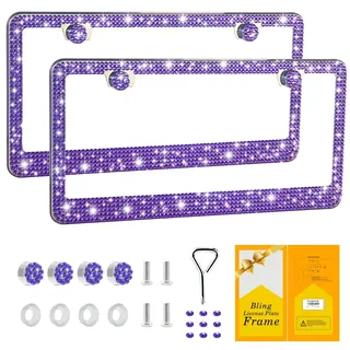 FIISFIIS Bling License Plate Frame for Women,2 Pack Premium Stainless Steel Rhinestone License Plate Holder,Handmade Glitter Crystal Diamond Lincense Plate Cover for Girl,Bedazzled Sparkly Caps-Violet