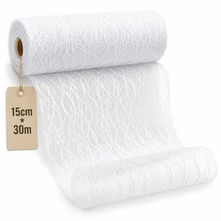 Carehabi Tischläufer Spitze Weiß, 15 cm x 30 m, Tischband Hochzeit | spitzenband breit tischdeko taufe kommunion konfirmation geburtstag vintage boho dekoband stoffrolle festtafel