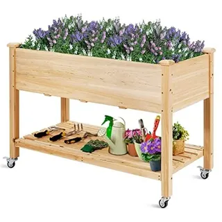 Fantask Hochbeet mit Ablage & Rollen 120 x 60 x 80 cm Natur