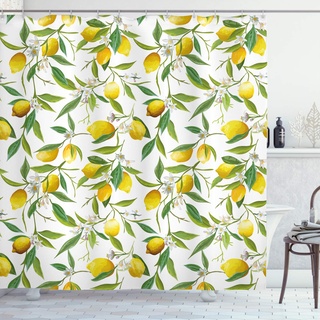 ABAKUHAUS Natur Duschvorhang, Lemon Woody Romantic, Stoffliches Gewebe Badezimmerdekorationsset mit Haken, 175 x 200 cm, Grün Weiß Gelb