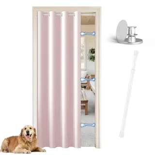 JCyh blickdichter Türvorhang mit Teleskopstange, einfache Montage ohne Bohren, geeignet für Thermovorhang, Falttür, Schrankvorhang, Raumteiler und Küchentür, 1 Stück Türvorhang Hellpink