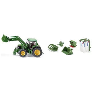 Siku 3652, John Deere Traktor mit Frontlader, 1:32, Metall/Kunststoff & 3658, 5-teiliges Frontlader Zubehör-Set, 1:32, Passend Traktoren mit Frontlader im Maßstab 1:32, grün