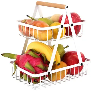 Obstkorb Etagere, Obst Aufbewahrung, 2 Stöckig Obstetagere, Abnehmbare Obst Etagere, Gemüsekorb, Weiß Metall Fruits Basket, mit Holzgriff, für Obst Brot Snacks Korb Gemüse Aufbewahrung für Küche