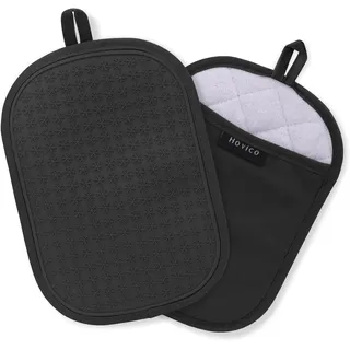 2 Stück Silikon Topflappen, hitzebeständige topflappen mit Taschen, rutschfeste Topflappen zum Backen und Kochen in der Küche, 24,9 x 17,8 cm, Innenfutter aus Handtuchstoff - Schwarz