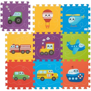 Relaxdays Puzzlematte Fahrzeuge, 9-TLG. Spielmatte, schadstofffrei, abwaschbar, Schaumstoff, Baby Krabbelmatte, bunt