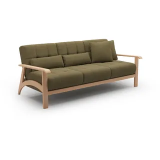 Cavadore 3er-Sofa Billan / 3-Sitzer Schlafsofa im skandinavischen Design mit Bett und massivem Holzgestell in Buche / 199 x 88 x 106 / Mehrfarbiger Strukturstoff, Grün