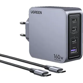 UGREEN Nexode Pro 160W GaN Charger with USB-C Cable, Drinnen, AC, Schwarz, Grau