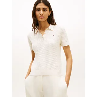 Poloshirt TOMMY HILFIGER "CO CABLE POLO-NK SS SWEATER", Damen, Gr. S (36/38), heather ivory petal, Single Jersey, Obermaterial: 100% Baumwolle, meliert, regular fit hüftbedeckend, Rundhals, Shirts Poloshirt, mit Zopfmuster, Regular Fit