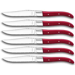 Amefa Lou Laguiole Louis Steakmesser-Set, 6-teilig, Griffe Rot, Mikro-Wellenschliff mit langanhaltender Schärfe, super scharf & schnitthaltig, Steakbesteck, Profi Steak-Set