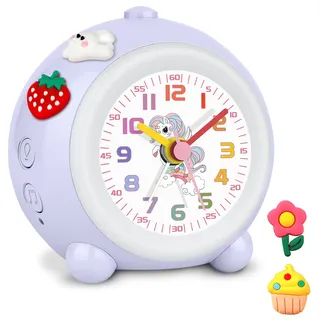 SOCICO Analoger Kinder Wecker Mädchen, Einhorn Design, Lautlos, Ohne Ticken Niedlicher Pfirsich Wecker Analog, mit Buntem Licht, Einstellbare Lautstärke (Blasslila)