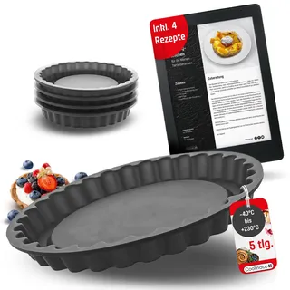 Coolinato 5er Set Silikon Tarteformen rund, Grau, 1x groß 4x klein, Silikonformen zum Backen von großen und kleinen Tarte Kuchen, inkl. 4 Rezepten