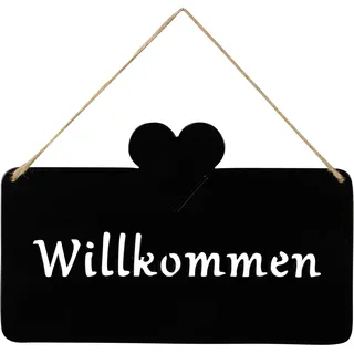 Schild Willkommen 25x16cm Außen Garten-Deko Schwarz Matt Herz Eisen Türschild Wandbild