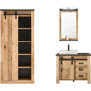 Badmöbel-Set HOME AFFAIRE "SHERWOOD, Bad im modernen Design, 3-teiliges Badezimmer", braun (old style hell dekor), B:156cm H:210cm T:43cm, Holzwerkstoff, Kastenmöbel-Sets, Badmöbel-Set, in 2 Farben verfügbar, Scheunentorbeschlag & Apothekergriff aus Metall