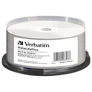 Verbatim 43743 BD-R Blu-Ray Rohlinge (25 GB, 6X weiß Thermodruckfläche 25er Spindel)