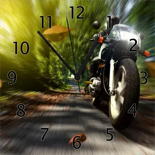 Wallario Design Wanduhr Fahrendes Motorrad im Wald mit Herbstlaub aus Echtglas, Größe 30 x 30 cm - Schwarz