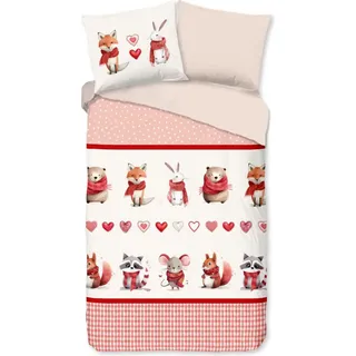 Guten Morgen KinderBettbezug "Tiere mit Halstuch" - Rot - (140x200/220 cm) - Baumwolle 100% Flanell - Rot