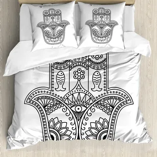 ABAKUHAUS Hamsa Bettbezug, Fisch Blumen Evil Eye, Milbensicher Allergiker geeignet mit Kissenbezügen, 200 cm x 200 cm - 80 x 80 cm, Schwarz-Weiss - Schwarz