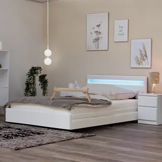 Home Deluxe - LED Bett NUBE - Weiß, 140 x 200 cm - inkl. Matratze, Lattenrost und Schubladen I Polsterbett Design Bett inkl. Beleuchtung