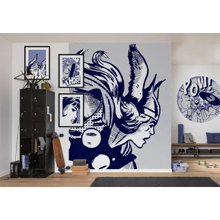 KOMAR Vlies Fototapete selbstklebend - Captian America Pow - Größe 125 x 125 cm (Breite x Höhe) - Marvel, Kinderzimmer, Kindertapete, Tapete, Wandtattoo