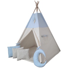 Tipoo Tipi-Zelt Baby Blue – gerippte Kissen, Matte, Stabilisator, Holzdekorationen