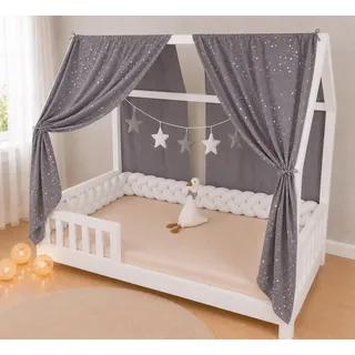 YellowNest Hausbett Himmel (2er Pack) - 100% Baumwolle - Betthimmel Hausbett aus Musselin - Himmelbett Vorhänge für Bett 80x160 & 140x200 cm (Grau Wimpelkette Stern, 130 x 320 (2er-Set))