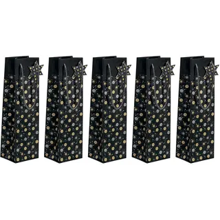 Sigel GT030/5 Flaschen-Geschenktüten aus Papier, 5er Set, schwarz/gold/silber, "Stardust", Papier-Geschenktaschen Weihnachten