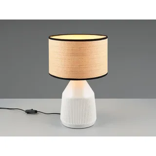LED Tischlampe mit Keramikfuß Weiß & Lampenschirm Papier geflochten, 43cm groß