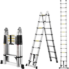 Teleskopleiter aus Aluminium,5 Meter, Klappleiter, Mehrzweckleiter Stehleiter, Ausziehbarer Leiter, Maximale Traglast: 150 kg., Silber