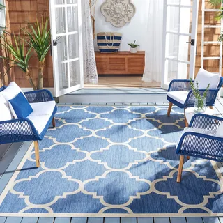 SAFAVIEH Spalier Teppich für Drinnen & Draussen - Courtyard Collection, Kurzer Flor, Blau und Beige, 160 X 160 cm