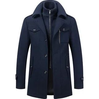 Herren Wintermantel, Slim Fit Zweiteiliger Mantel für Business und Freizeit, Wollmantel mit Stehkragen Peacoat und Warmer Integrierter Innenjacke, Herren, Navy blau, XL - Blau