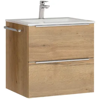 Nobilia Waschtischkombi , Eichefarben, Edelstahlfarben , Metall , 2 Schubladen , 61 cm , Blauer Engel, Pefc, Goldenes M, Made in Germany, Tcsa, Carb2, DGM-Emissionslabel , Zusatzausstattung erhältlich, hängend , Badezimmer, Waschbecken & Armaturen, Waschtische