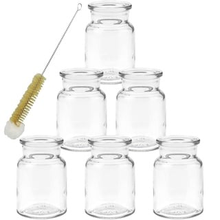 Vintage Glasfläschchen - Dekorative Tischvasen im Retro-Stil - 6er Set mit Flaschenbürste - 6 x Kleine Glasvase 9 cm Glasflaschen inkl. Flaschenbürste