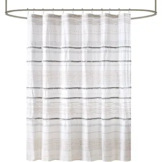 INK+IVY NEA Duschvorhang aus 100% Baumwolle, Boho-Quasten, mehrfarbiger Streifendruck, maschinenwaschbar, modernes Heim-Badezimmer-Dekor, Badewannen-Sichtschutz, 183 x 183 cm, cremefarben/Grau