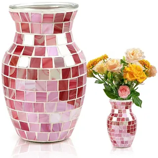 Rosa Glasvase, Moderne Boho Blumenvase, Mosaik Glasvase Handgefertigt, Dekorative Vase für Wohnzimmer, Küche, Schlafzimmer, Regal und Esstisch