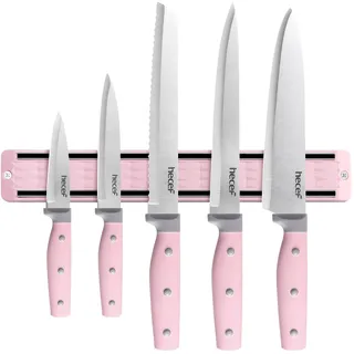 hecef Messer Magnetleiste mit 5 Teilig Scharfe Küchenmesser Set, 33 cm Messerhalter Magnetisch mit Edelstahl Messerset, Magnet für Messer (Rosa)