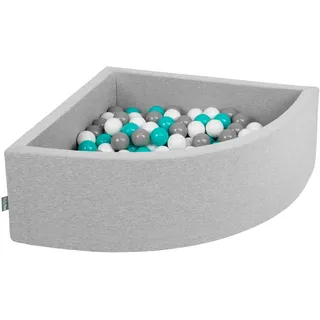 KiddyMoon Eckiges Viertel Bällebad 90x30 cm mit 300 Bälle 7 cm Schaumstoff Bällepool für Baby und Kleinkinder - Hellgrau: Grau Weiß Türkis