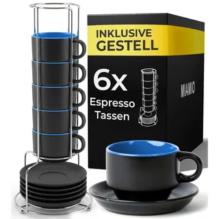 MIAMIO - 6 x 75 ml Espressotassen Set/Espresso Tassen Set mit Untertasse & Ständer - Kaffeetassen Set 6er Kaffeebecher Keramik - Le Papillon Kollektion (Blau)