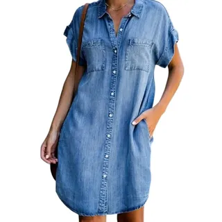 Freizeitkleider Für Damen,Damen-Jeanskleid Vintage-Waschung Verblasst Kurzärmlig Revers Knopfleiste Lässig Lockeres Hemdkleid Mit Tasche Sommer-Jeans-Etuikleid Midi-Kleider Für Damen Und Mädchen