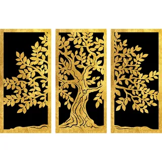 OTTO home "Goldbild Lebensbaum 3er Set, 100x70cm inkl. rückseitiger Aufhängung", Baum Baumbilder Wald 1 Stk. tlg. Lebensbaum-Wandbilder mit handveredelten Blattgold-Applikationen, farbe bild(er): schwarz),