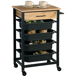 KESPER | Küchenwagen mit 4 Kunststoffbehälter, Material: Metall, Bambus, Kunststoff (PP), Maße: 47 x 37 x 85 cm, Farbe: Sonoma Eiche-Dekor, Schwarz | 25532 13