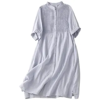 Damen Kleid, Loses Damen-Baumwoll-Leinen-Kleid, Sommer, Kurzarm, Brust, Plissee, Hemdkleid, Knopfleiste Mit Tasche, Boho Für Party, Bankett, Strandurlaub