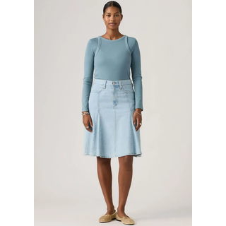 Jeansrock LEVI'S "GODET KNEE LENGTH SKIRT", Damen, Gr. 26, of course stone, Denim/Jeans, Obermaterial: 55% Baumwolle, 45% Lyocell, unifarben, normal kniefrei, Röcke Jeansrock, Midirock mit Falten