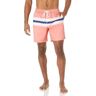 Amazon Essentials Herren Badehose, Schnell Trocknend, 18 cm - Auslauffarben, Blau Korallenrosa Streifen, M