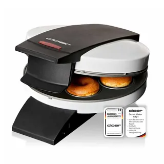 Cloer 6121 Donut Maker für 6 Mini-Donuts oder Bagels, Antihaftbeschichtung, rote Kontrollleuchte, platzsparend verstaubar, Kabelaufwicklung, Steckerdepot, weißes Metallgehäuse, 520W