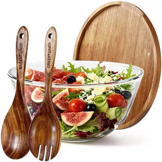 Greentainer Salatschüssel Set 4-teilig, Salatbesteck mit Salatschale, runde Schale, Salatschüssel Glas, spülmaschinengeeignet